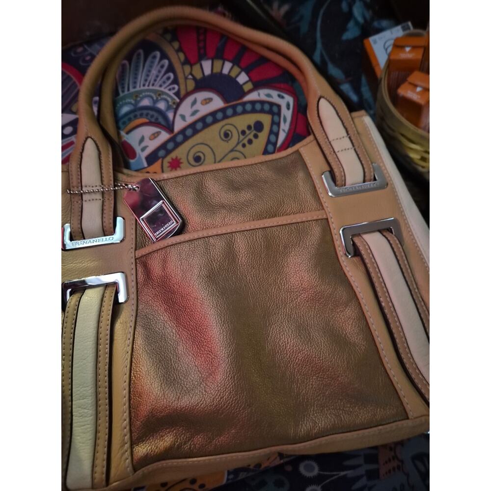 Tignanello Metallic Leather Shoulder Purse Creme Tan And Bronze And Signature...